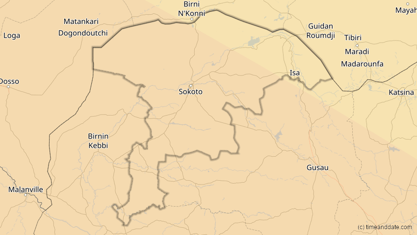 A map of Sokoto, Nigeria, showing the path of the 24. Okt 2060 Ringförmige Sonnenfinsternis