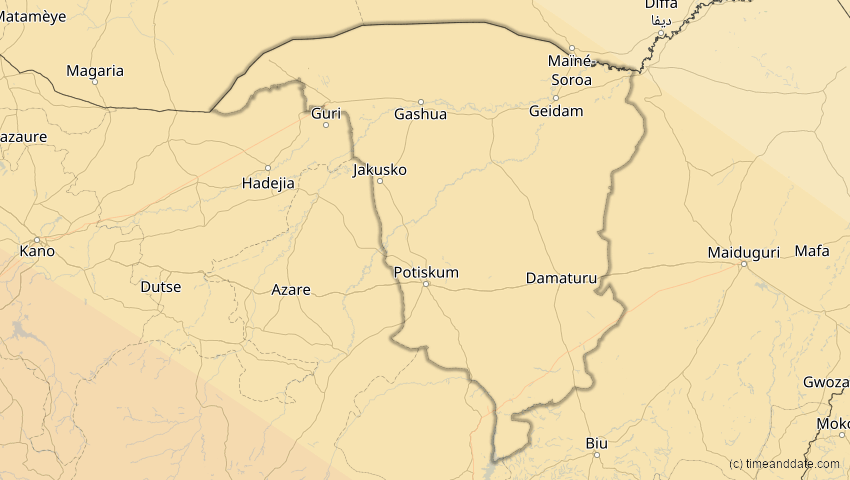 A map of Yobe, Nigeria, showing the path of the 24. Okt 2060 Ringförmige Sonnenfinsternis