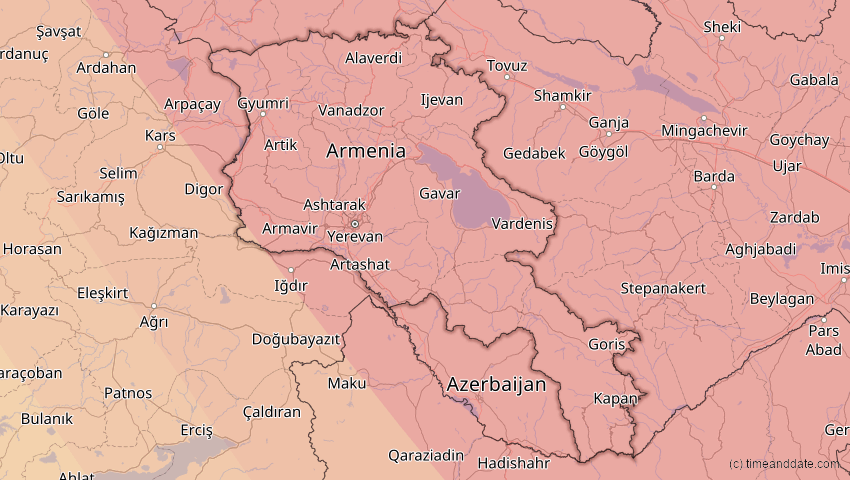 A map of Armenien, showing the path of the 20. Apr 2061 Totale Sonnenfinsternis