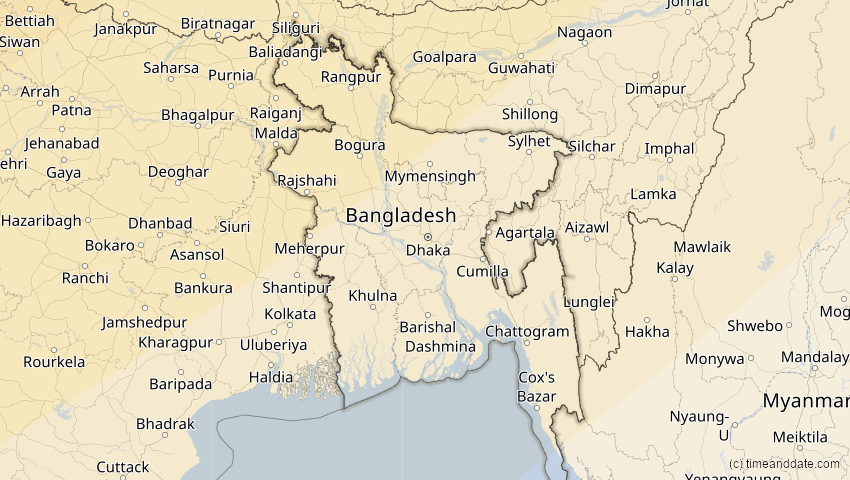 A map of Bangladesch, showing the path of the 20. Apr 2061 Totale Sonnenfinsternis