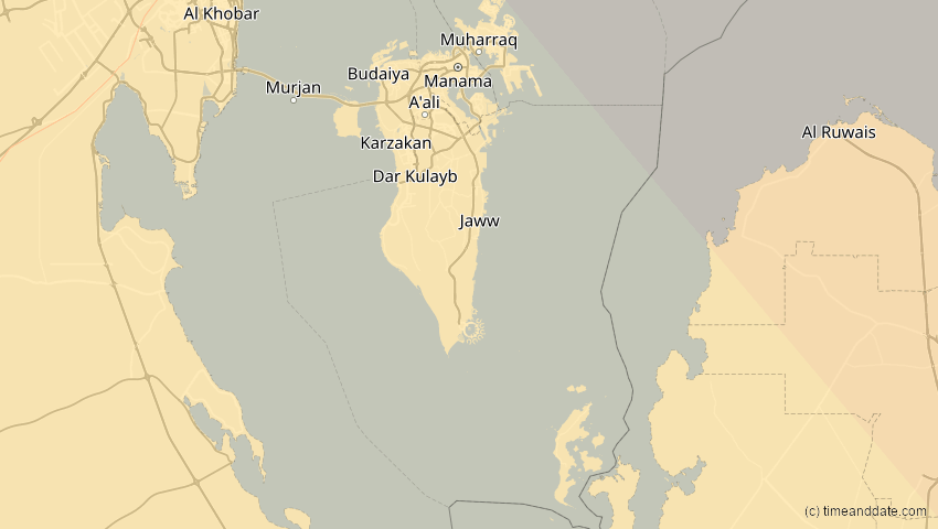 A map of Bahrain, showing the path of the 20. Apr 2061 Totale Sonnenfinsternis