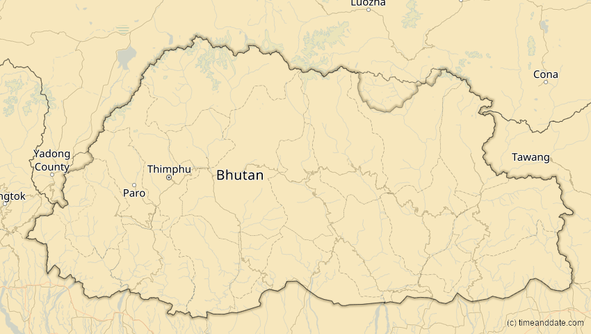A map of Bhutan, showing the path of the 20. Apr 2061 Totale Sonnenfinsternis