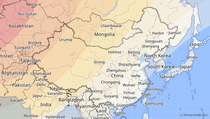 A map of China, showing the path of the 20. Apr 2061 Totale Sonnenfinsternis