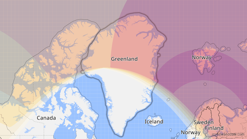 A map of Grönland, showing the path of the 19–20. Apr 2061 Totale Sonnenfinsternis