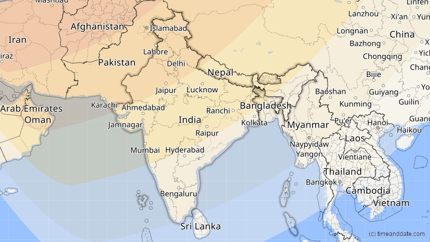 A map of Indien, showing the path of the 20. Apr 2061 Totale Sonnenfinsternis