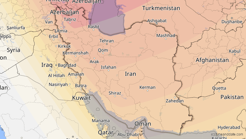 A map of Iran, showing the path of the 20. Apr 2061 Totale Sonnenfinsternis