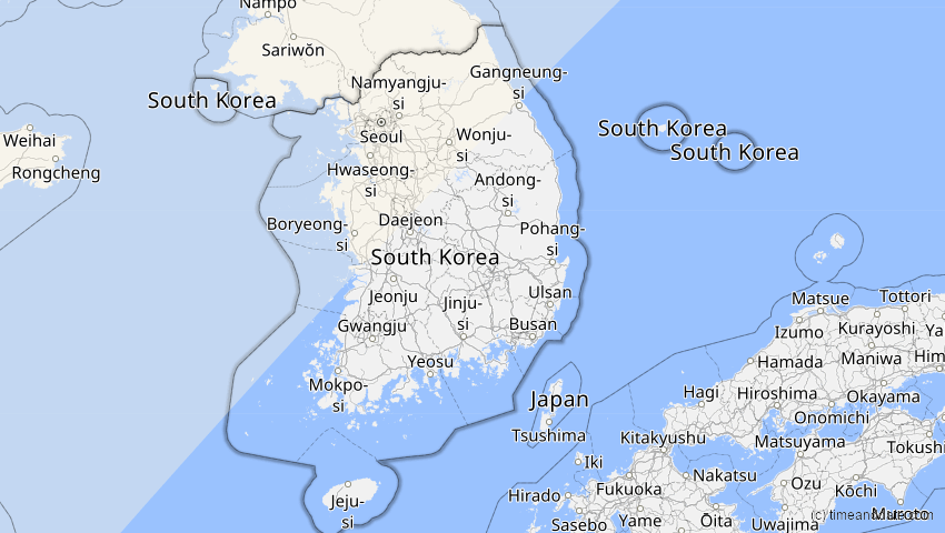 A map of Südkorea, showing the path of the 20. Apr 2061 Totale Sonnenfinsternis