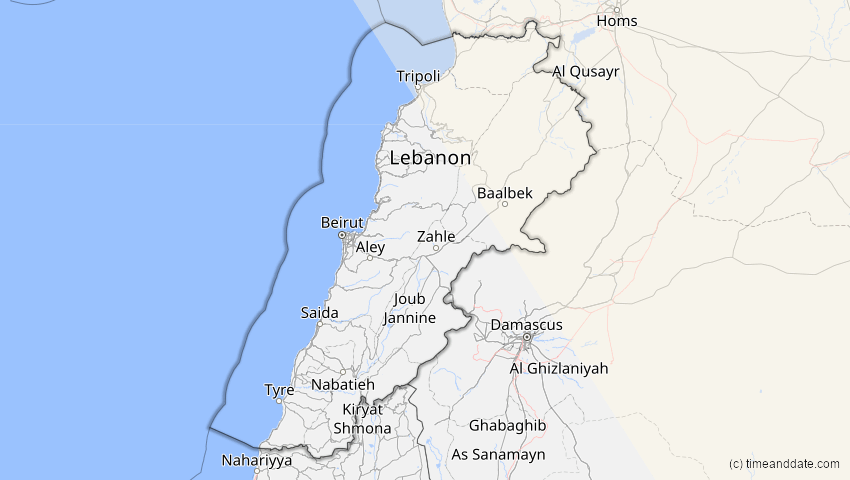 A map of Libanon, showing the path of the 20. Apr 2061 Totale Sonnenfinsternis