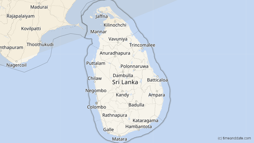 A map of Sri Lanka, showing the path of the 20. Apr 2061 Totale Sonnenfinsternis