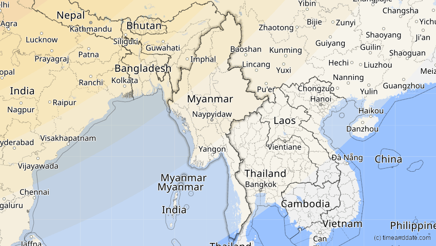 A map of Myanmar, showing the path of the 20. Apr 2061 Totale Sonnenfinsternis