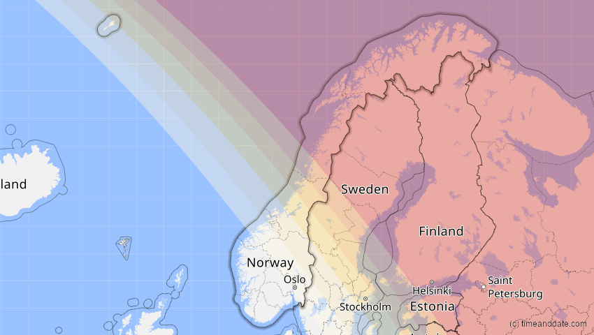 A map of Norwegen, showing the path of the 20. Apr 2061 Totale Sonnenfinsternis