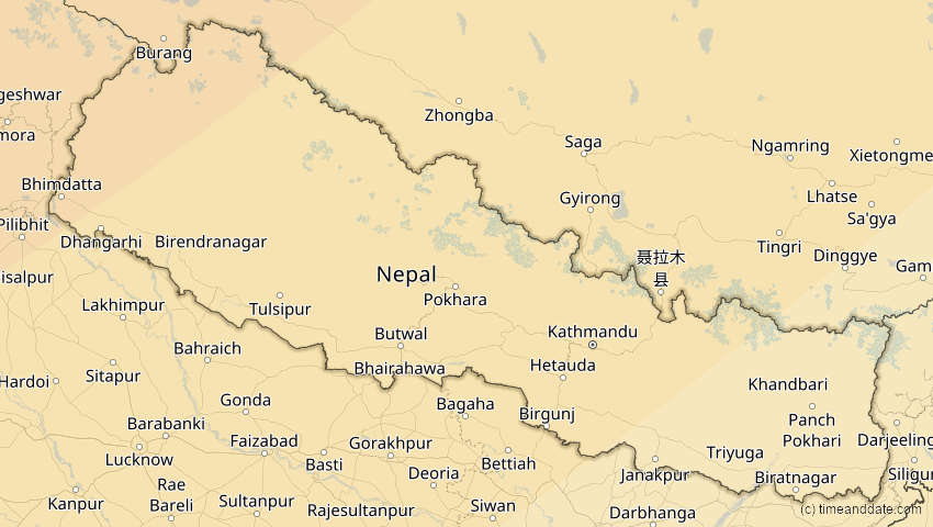 A map of Nepal, showing the path of the 20. Apr 2061 Totale Sonnenfinsternis