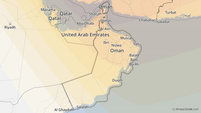 A map of Oman, showing the path of the 20. Apr 2061 Totale Sonnenfinsternis