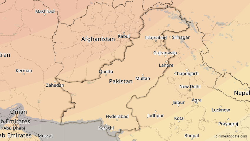 A map of Pakistan, showing the path of the 20. Apr 2061 Totale Sonnenfinsternis