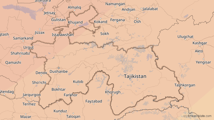 A map of Tadschikistan, showing the path of the 20. Apr 2061 Totale Sonnenfinsternis