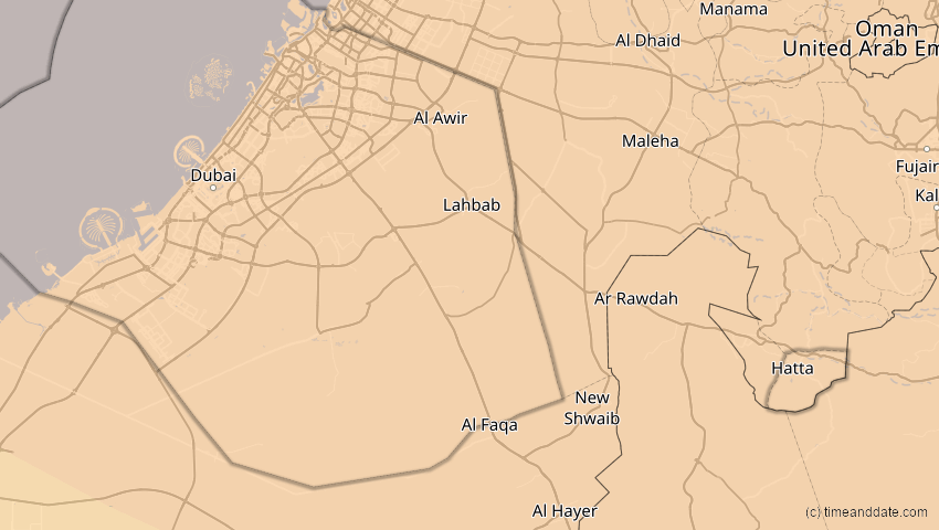 A map of Dubai, Vereinigte Arabische Emirate, showing the path of the 20. Apr 2061 Totale Sonnenfinsternis