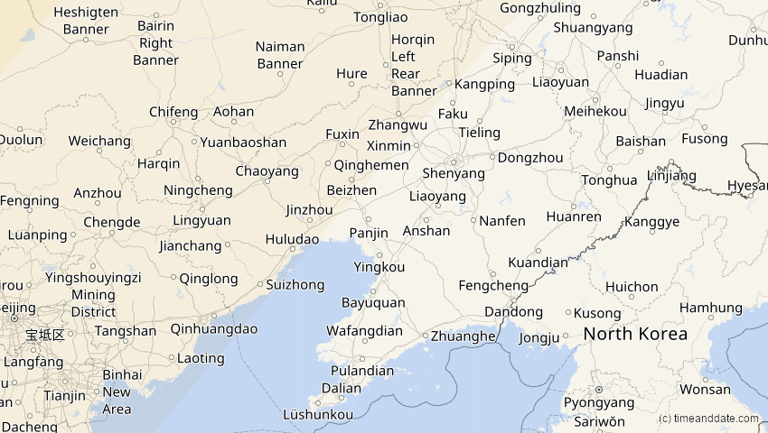 A map of Liaoning, China, showing the path of the 20. Apr 2061 Totale Sonnenfinsternis