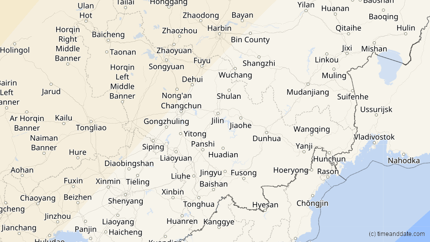 A map of Jilin, China, showing the path of the 20. Apr 2061 Totale Sonnenfinsternis