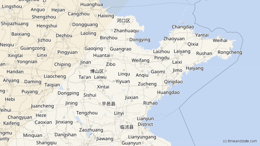 A map of Shandong, China, showing the path of the 20. Apr 2061 Totale Sonnenfinsternis