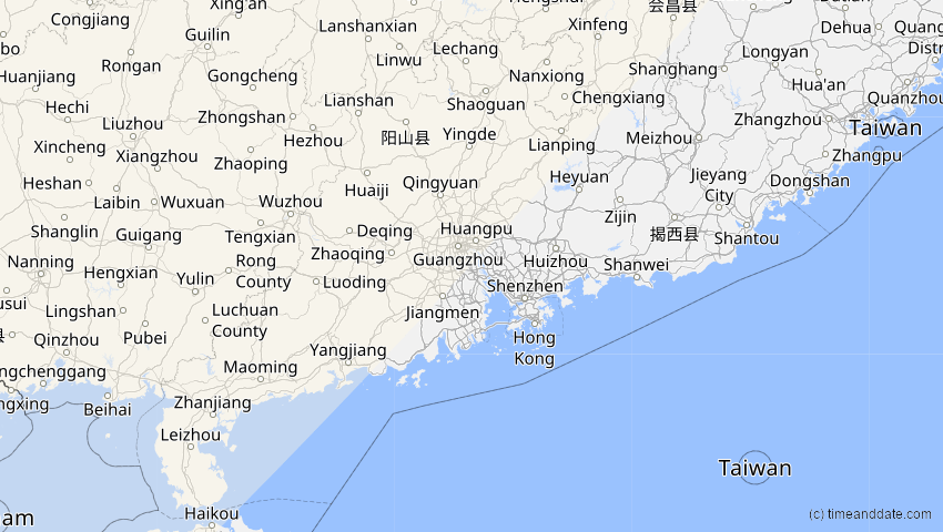 A map of Guangdong, China, showing the path of the 20. Apr 2061 Totale Sonnenfinsternis
