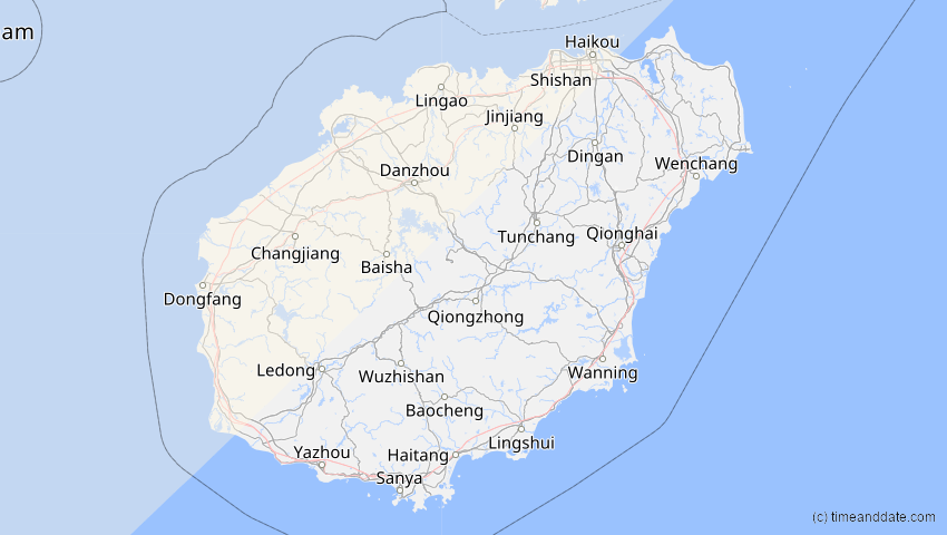 A map of Hainan, China, showing the path of the 20. Apr 2061 Totale Sonnenfinsternis
