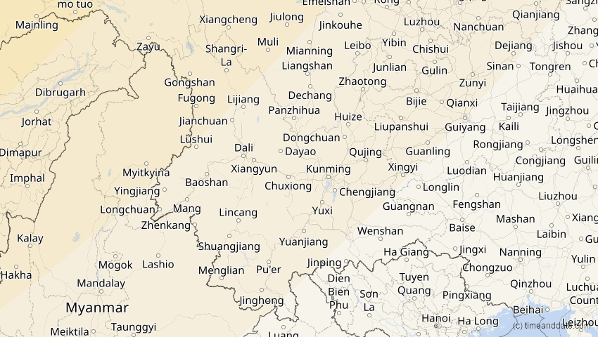 A map of Yunnan, China, showing the path of the 20. Apr 2061 Totale Sonnenfinsternis
