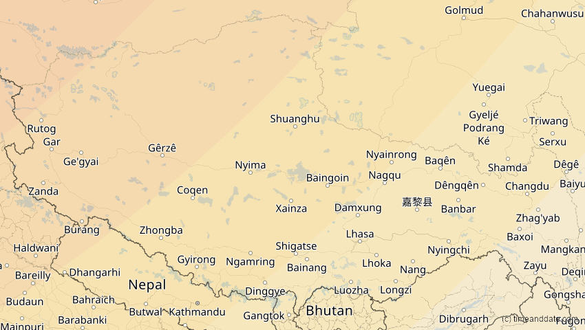A map of Tibet, China, showing the path of the 20. Apr 2061 Totale Sonnenfinsternis