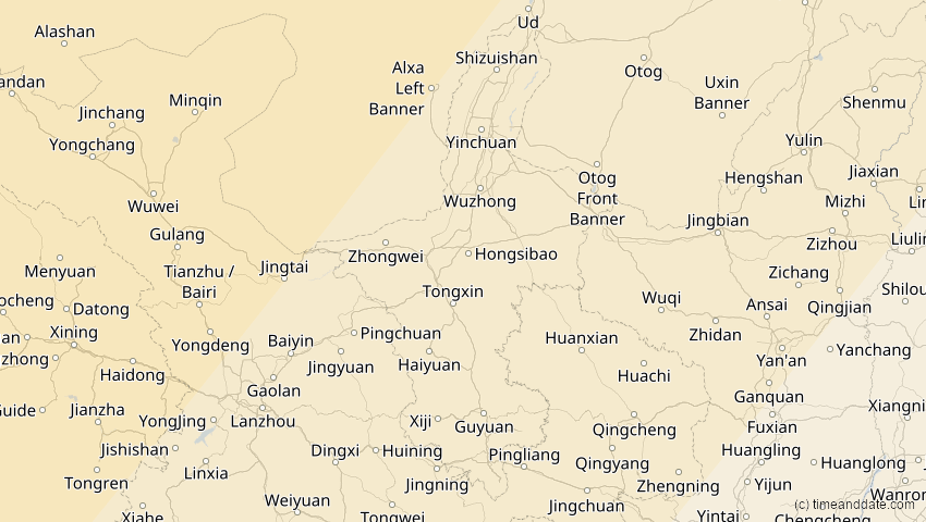 A map of Ningxia, China, showing the path of the 20. Apr 2061 Totale Sonnenfinsternis