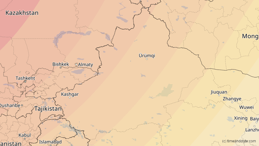 A map of Xinjiang, China, showing the path of the 20. Apr 2061 Totale Sonnenfinsternis