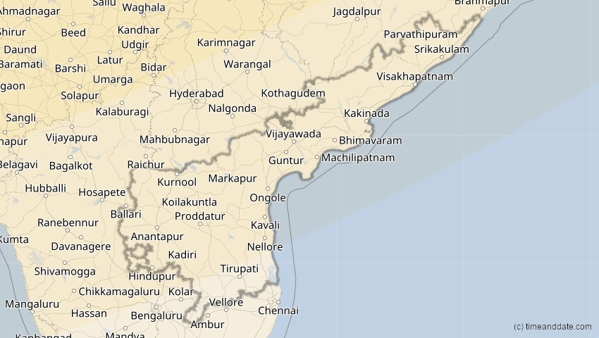 A map of Andhra Pradesh, Indien, showing the path of the 20. Apr 2061 Totale Sonnenfinsternis