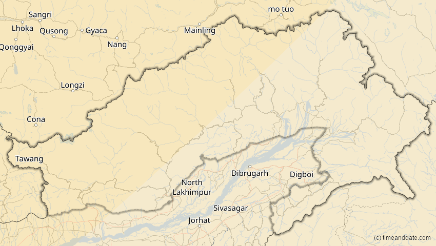 A map of Arunachal Pradesh, Indien, showing the path of the 20. Apr 2061 Totale Sonnenfinsternis