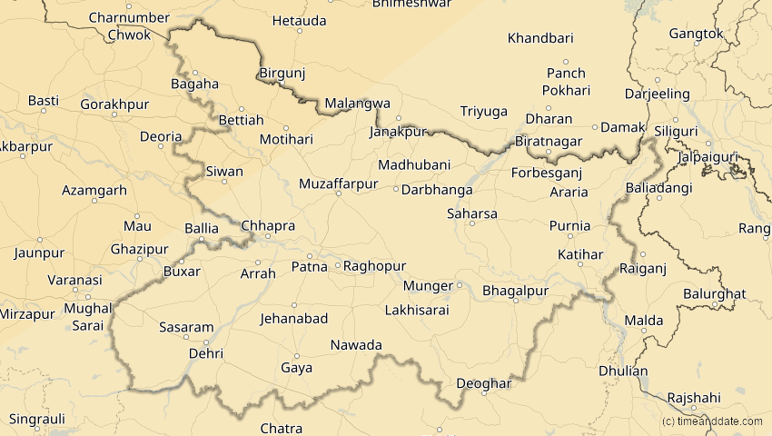 A map of Bihar, Indien, showing the path of the 20. Apr 2061 Totale Sonnenfinsternis