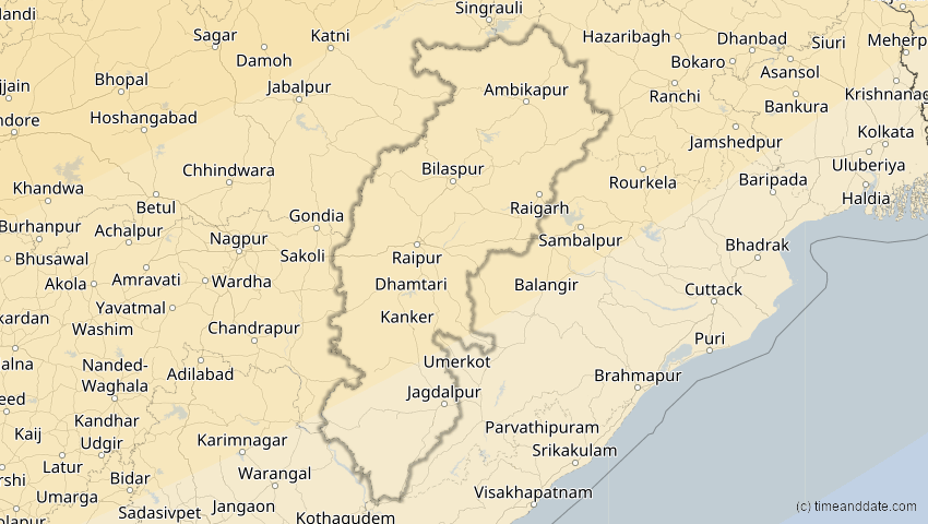 A map of Chhattisgarh, Indien, showing the path of the 20. Apr 2061 Totale Sonnenfinsternis