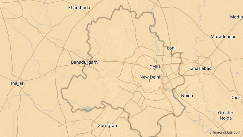 A map of Delhi, Indien, showing the path of the 20. Apr 2061 Totale Sonnenfinsternis