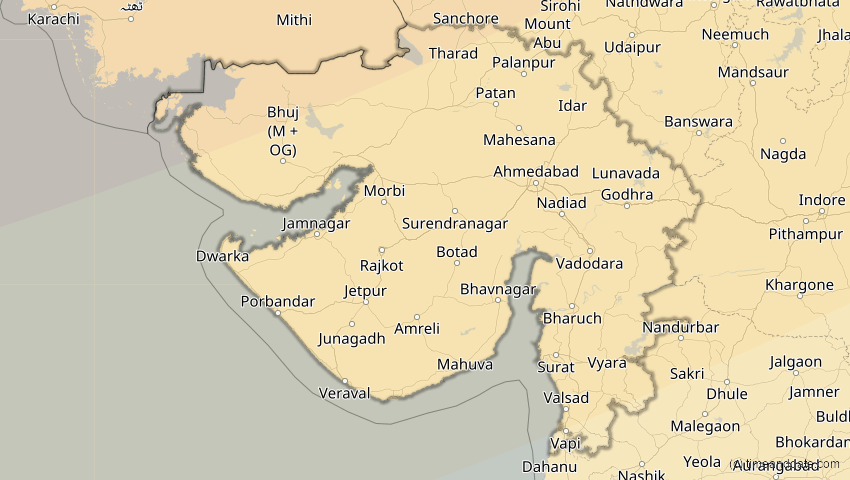 A map of Gujarat, Indien, showing the path of the 20. Apr 2061 Totale Sonnenfinsternis