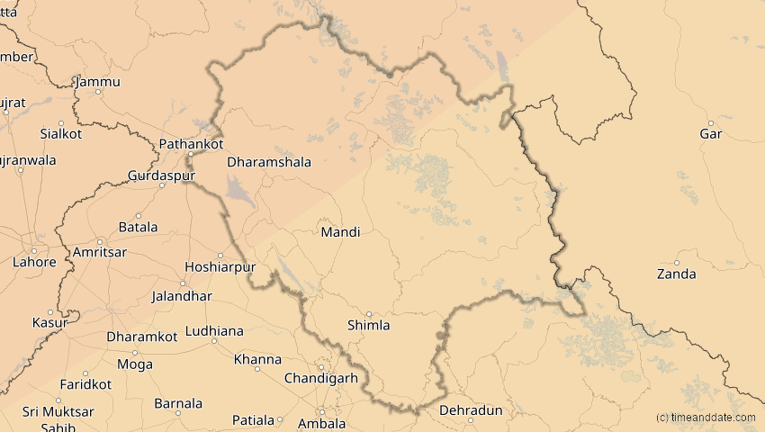 A map of Himachal Pradesh, Indien, showing the path of the 20. Apr 2061 Totale Sonnenfinsternis