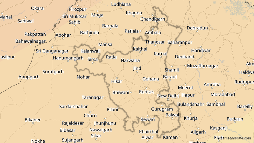 A map of Haryana, Indien, showing the path of the 20. Apr 2061 Totale Sonnenfinsternis