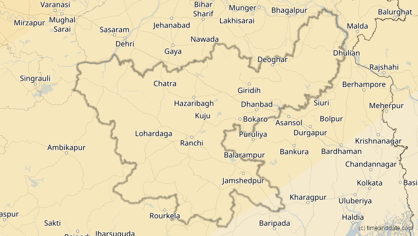 A map of Jharkhand, Indien, showing the path of the 20. Apr 2061 Totale Sonnenfinsternis