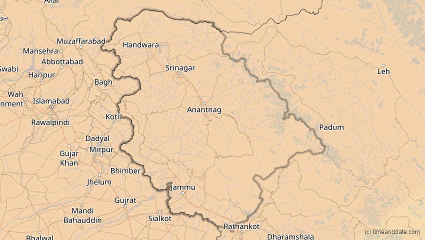A map of Jammu und Kashmir, Indien, showing the path of the 20. Apr 2061 Totale Sonnenfinsternis