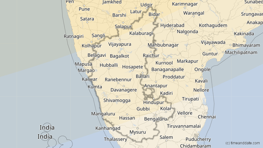 A map of Karnataka, Indien, showing the path of the 20. Apr 2061 Totale Sonnenfinsternis
