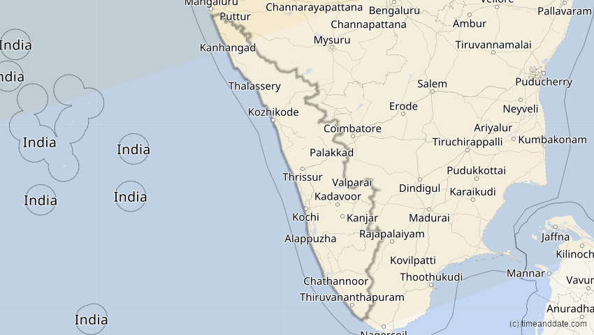 A map of Kerala, Indien, showing the path of the 20. Apr 2061 Totale Sonnenfinsternis