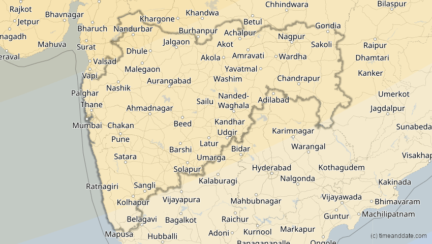 A map of Maharashtra, Indien, showing the path of the 20. Apr 2061 Totale Sonnenfinsternis