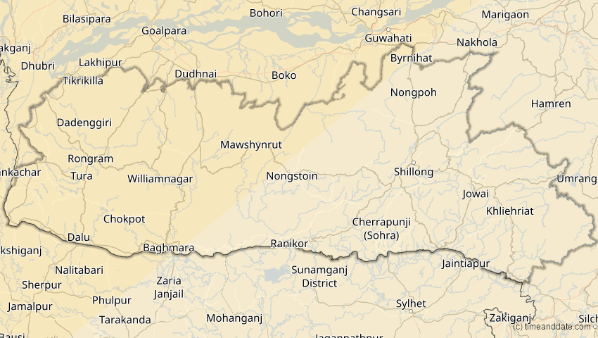 A map of Meghalaya, Indien, showing the path of the 20. Apr 2061 Totale Sonnenfinsternis