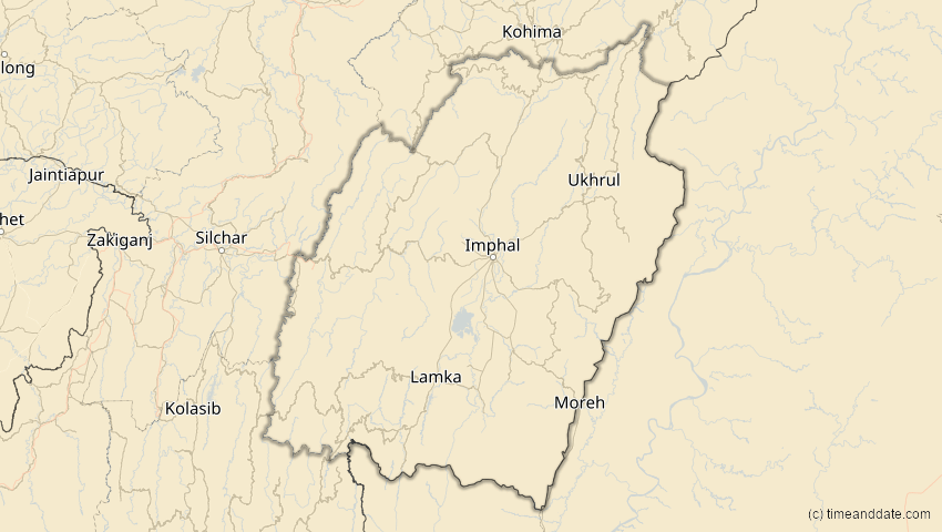 A map of Manipur, Indien, showing the path of the 20. Apr 2061 Totale Sonnenfinsternis