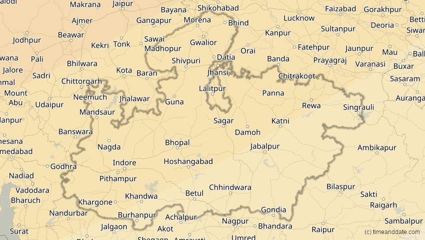 A map of Madhya Pradesh, Indien, showing the path of the 20. Apr 2061 Totale Sonnenfinsternis