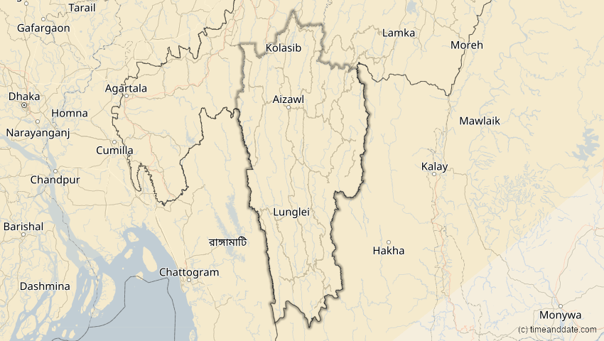 A map of Mizoram, Indien, showing the path of the 20. Apr 2061 Totale Sonnenfinsternis