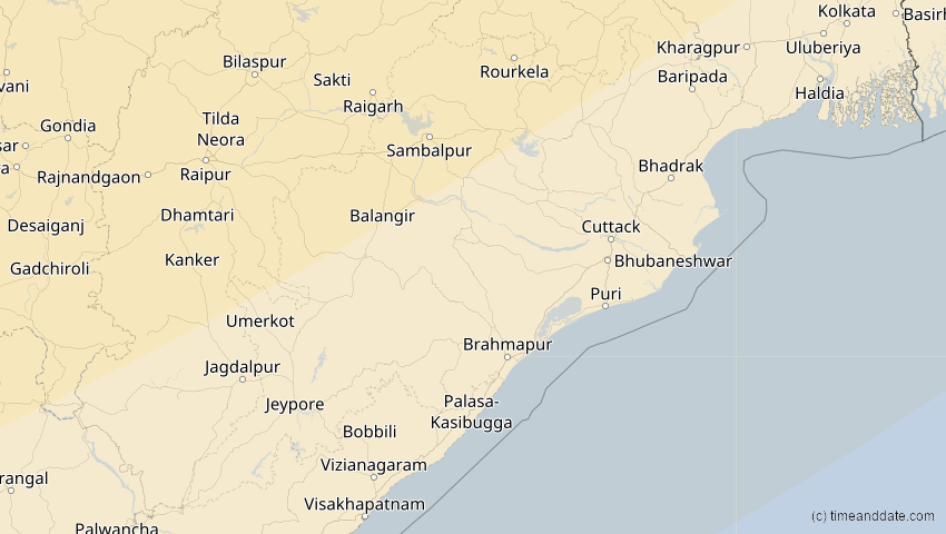 A map of Odisha, Indien, showing the path of the 20. Apr 2061 Totale Sonnenfinsternis