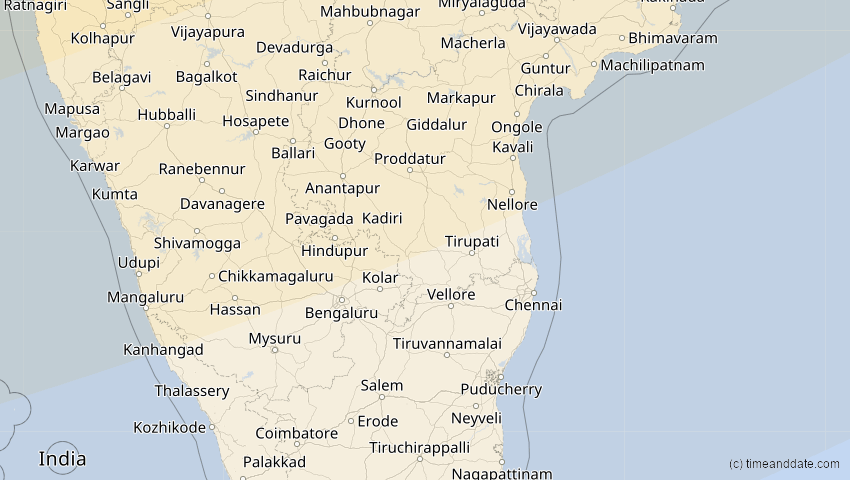 A map of Pondicherry, Indien, showing the path of the 20. Apr 2061 Totale Sonnenfinsternis
