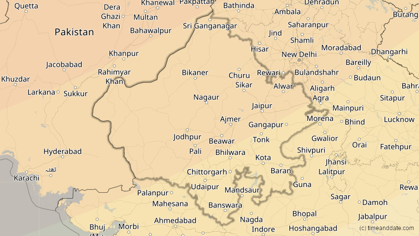 A map of Rajasthan, Indien, showing the path of the 20. Apr 2061 Totale Sonnenfinsternis