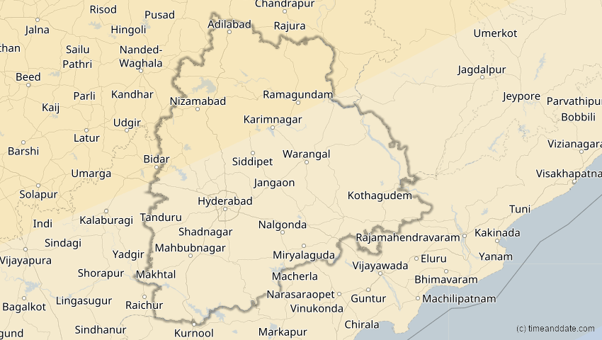 A map of Telangana, Indien, showing the path of the 20. Apr 2061 Totale Sonnenfinsternis